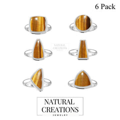 Natural Tiger Eye Rings for Women in Sterling Silver (Pack of 6, Bezel-Set)