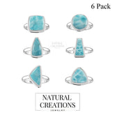 Natural Larimar Rings for Women in Sterling Silver (Pack of 6, Bezel-Set)
