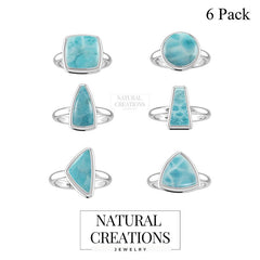 Natural Larimar Rings for Women in Sterling Silver (Pack of 6, Bezel-Set)