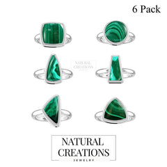 Natural Malachite Rings for Women in Sterling Silver (Pack of 6, Bezel-Set)