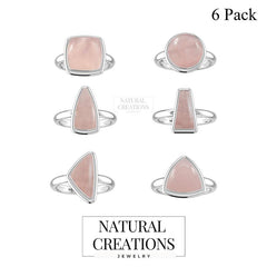 Natural Rose Quartz Rings for Women in Sterling Silver (Pack of 6, Bezel-Set)