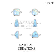 Natural Rainbow Moonstone Rings for Women in Sterling Silver (Pack of 6, Bezel-Set)