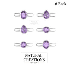 Natural Amethyst Rings for Women in Sterling Silver (Pack of 6, Prong-Set, Faceted)