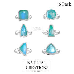 Natural Green Moonstone Rings for Women in Sterling Silver (Pack of 6, Bezel-Set)