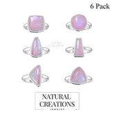 Natural Pink Moonstone Rings for Women in Sterling Silver (Pack of 6, Bezel-Set)