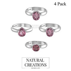Natural Pink Tourmaline Rings for Women in Sterling Silver (Pack of 4, Prong-Set, Faceted)