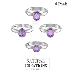 Natural Amethyst Rings for Women in Sterling Silver (Pack of 4, Prong-Set, Faceted)