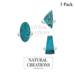 Natural Turquoise Rings for Women in Sterling Silver (Pack of 3, Bezel-Set)