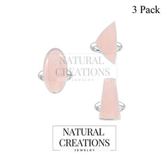 Natural Rose Quartz Rings for Women in Sterling Silver (Pack of 3, Bezel-Set)