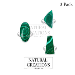 Natural Malachite Rings for Women in Sterling Silver (Pack of 3, Bezel-Set)