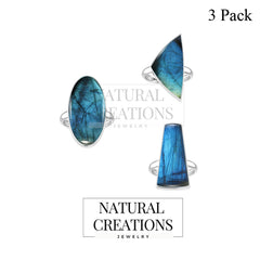 Natural Labradorite Rings for Women in Sterling Silver (Pack of 3, Bezel-Set)