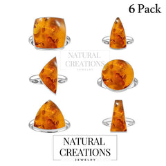 Natural Amber Rings for Women in Sterling Silver (Pack of 6, Bezel-Set)