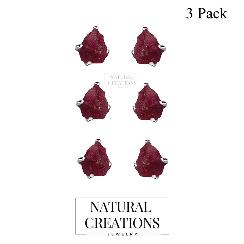 925 Sterling Silver Rough Ruby Stud Earring Prong Set Jewelry Pack of 3