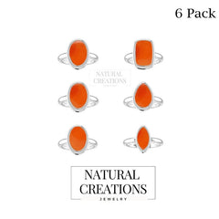 Natural Carnelian Rings for Women in Sterling Silver (Pack of 6, Bezel-Set)