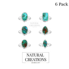 Natural Chrysocolla Rings for Women in Sterling Silver (Pack of 6, Bezel-Set)