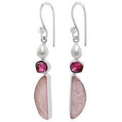 Designer Rose Quartz Earrings Studded With Pearl & Ruby
