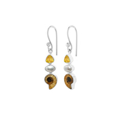 Designer Ammonite Earrings Studded With Pearl & Citrine