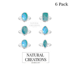 Natural Green Moonstone Rings for Women in Sterling Silver (Pack of 6, Bezel-Set)