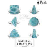 Natural Larimar Rings for Women in Sterling Silver (Pack of 6, Bezel-Set)