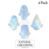 Natural Rainbow Moonstone Rings for Women in Sterling Silver (Pack of 4, Bezel-Set)