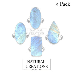 Natural Rainbow Moonstone Rings for Women in Sterling Silver (Pack of 4, Bezel-Set)