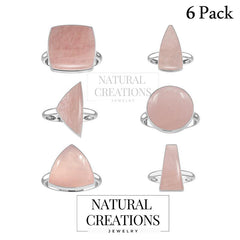 Natural Rose Quartz Rings for Women in Sterling Silver (Pack of 6, Bezel-Set)