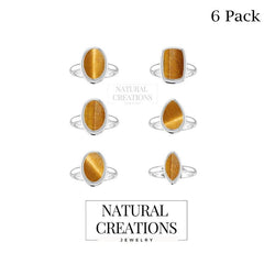 Natural Tiger Eye Rings for Women in Sterling Silver (Pack of 6, Bezel-Set)