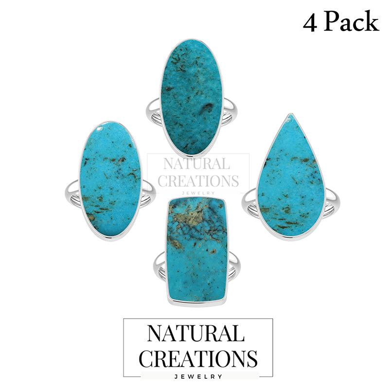 925 Sterling Silver Natural Turquoise Stone Ring Bezel Set Jewelry Pack of 4 - (Box 17) - Natural Creations | Dainty | Hand Crafted | Sterling Silver Jewelry