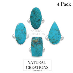 925 Sterling Silver Natural Turquoise Stone Ring Bezel Set Jewelry Pack of 4 - (Box 17) - Natural Creations | Dainty | Hand Crafted | Sterling Silver Jewelry