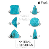 Natural Turquoise Rings for Women in Sterling Silver (Pack of 6, Bezel-Set)