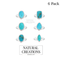 Natural Turquoise Rings for Women in Sterling Silver (Pack of 6, Bezel-Set)
