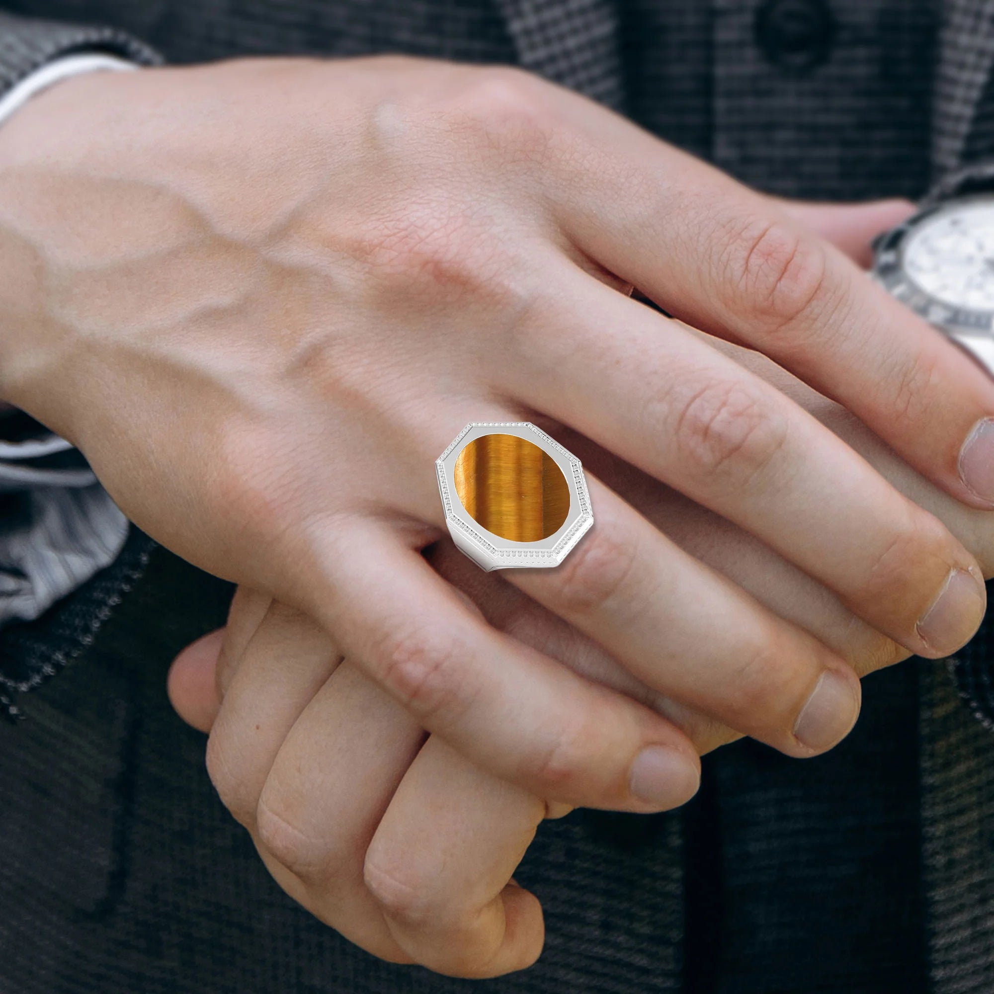 tiger eye men prong-set ring