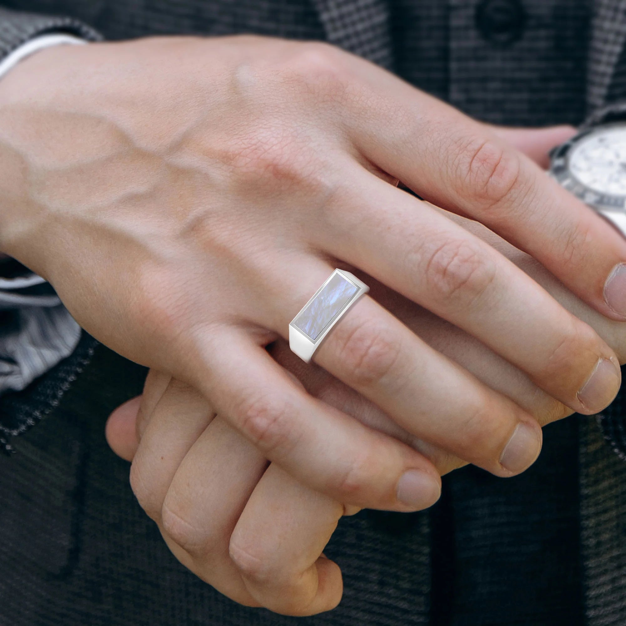 rainbow moonstone bezel-set ring