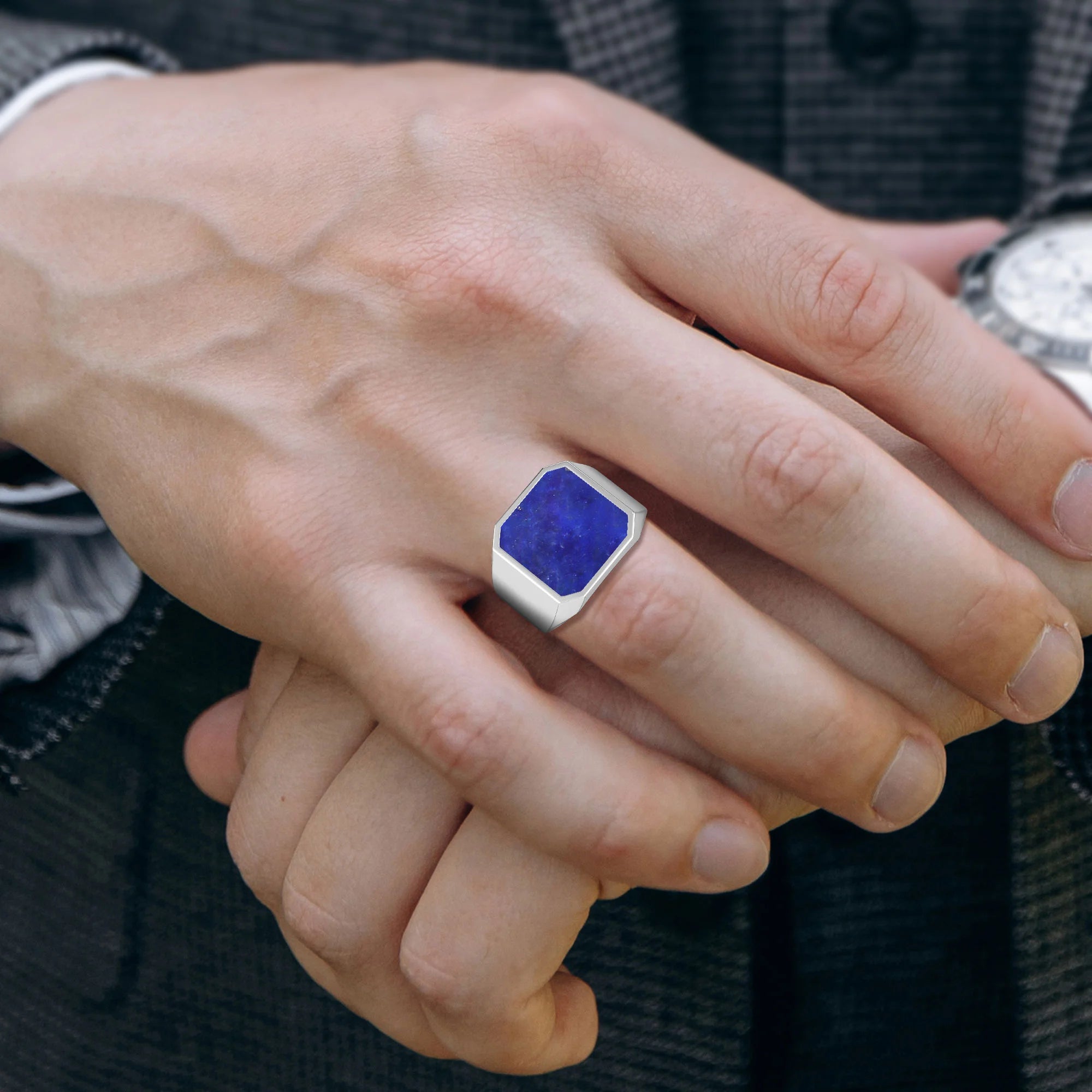 lapis lazuli men bezel-set ring