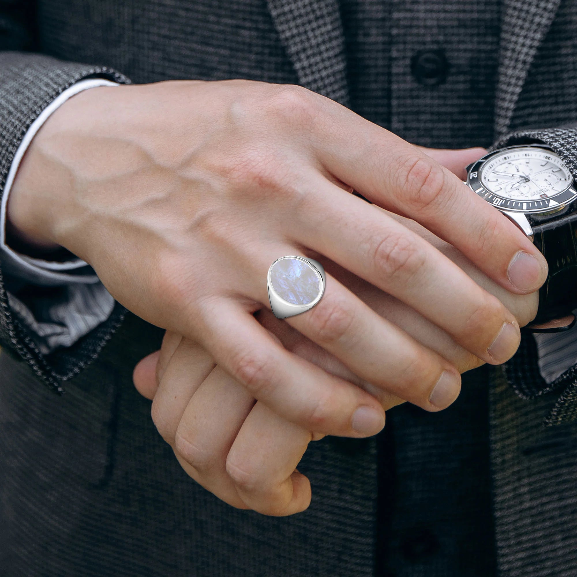 rainbow moonstone bezel-set ring
