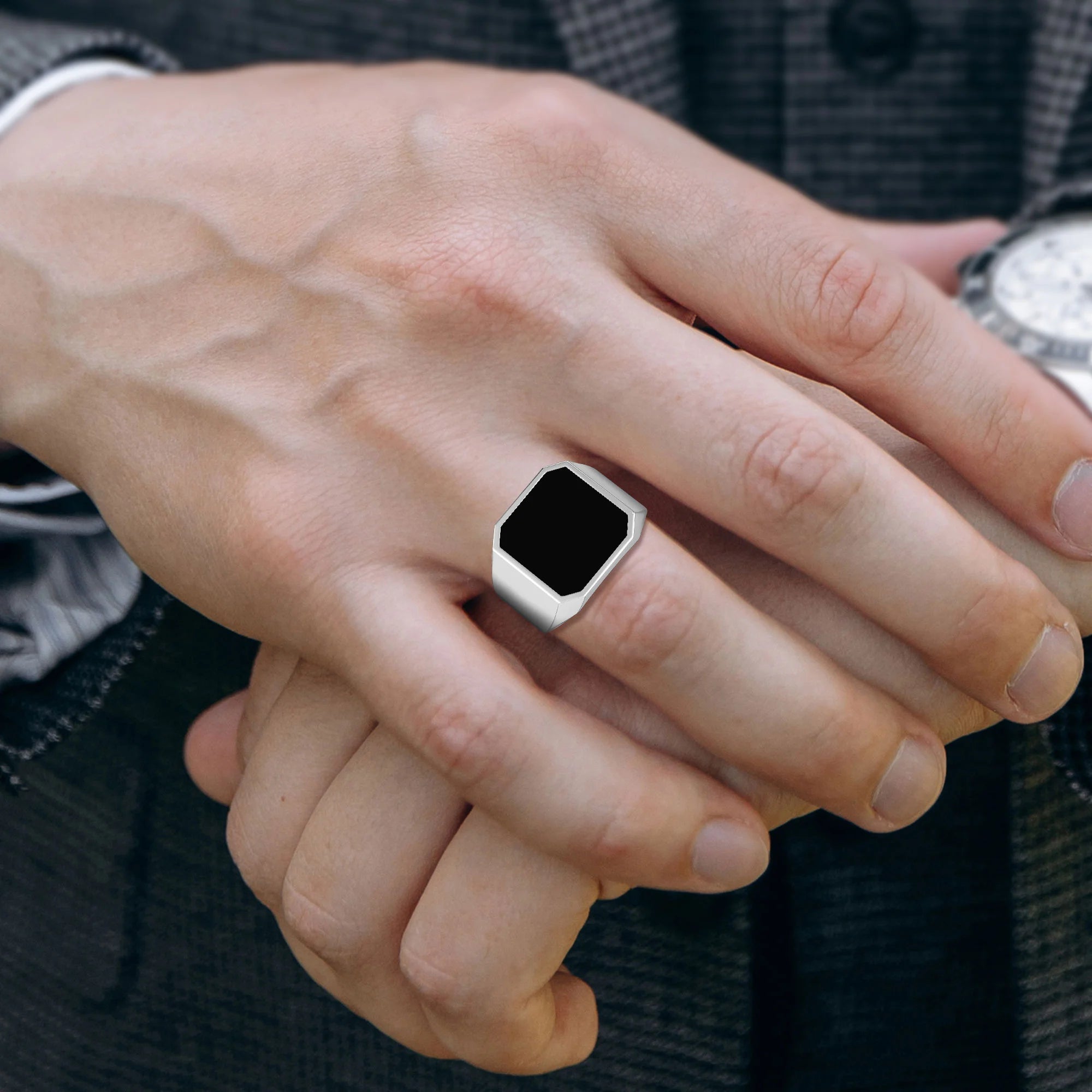 black tourmaline men bezel-set ring