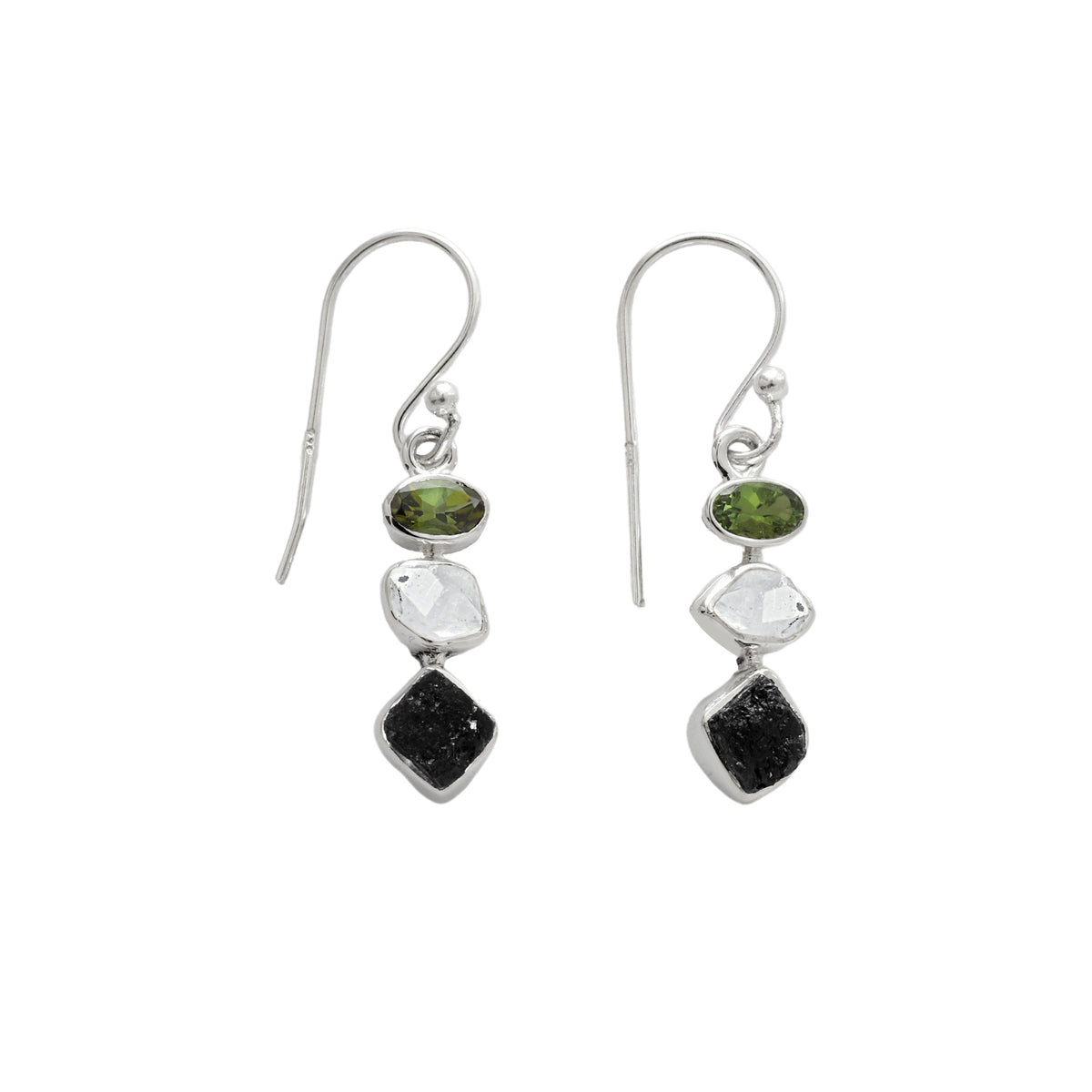 Designer Black Tourmaline Earrings Studded With Herkimer & Green Tourmaline