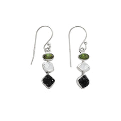 Designer Black Tourmaline Earrings Studded With Herkimer & Green Tourmaline