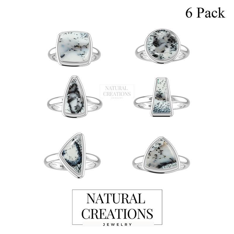 Natural Dendritic Opal Rings for Women in Sterling Silver (Pack of 6, Bezel-Set)