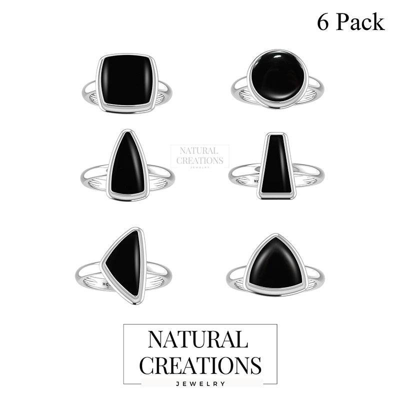 Natural Black Onyx Rings for Women in Sterling Silver (Pack of 6, Bezel-Set)