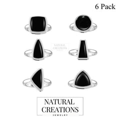 Natural Black Onyx Rings for Women in Sterling Silver (Pack of 6, Bezel-Set)