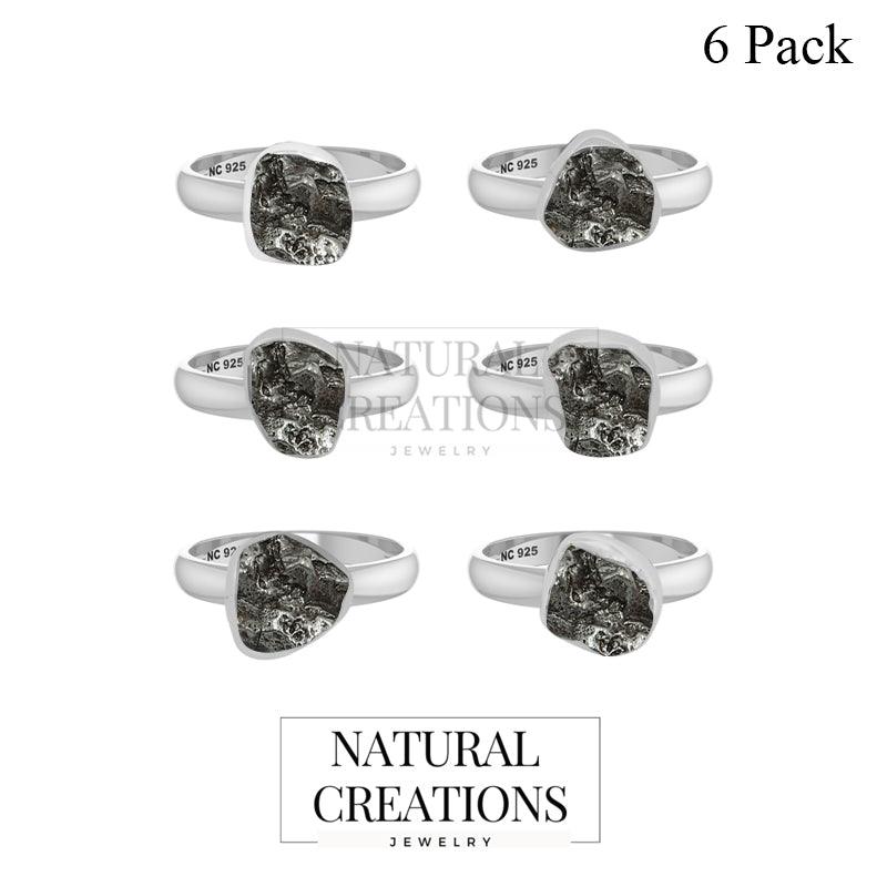 Natural Meteorite Rough Ring 925 Sterling Silver Jewelry Bezel Set Handmade Jewelry Pack Of 6
