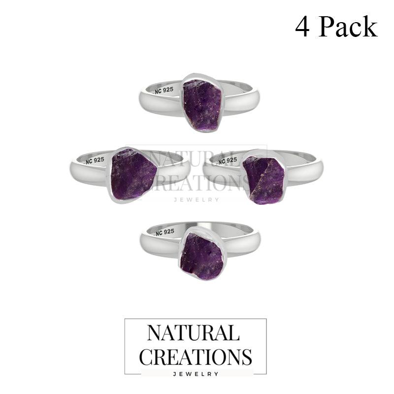 Natural Amethyst Rough Ring 925 Sterling Silver Bezel Set Jewelry Pack of 4