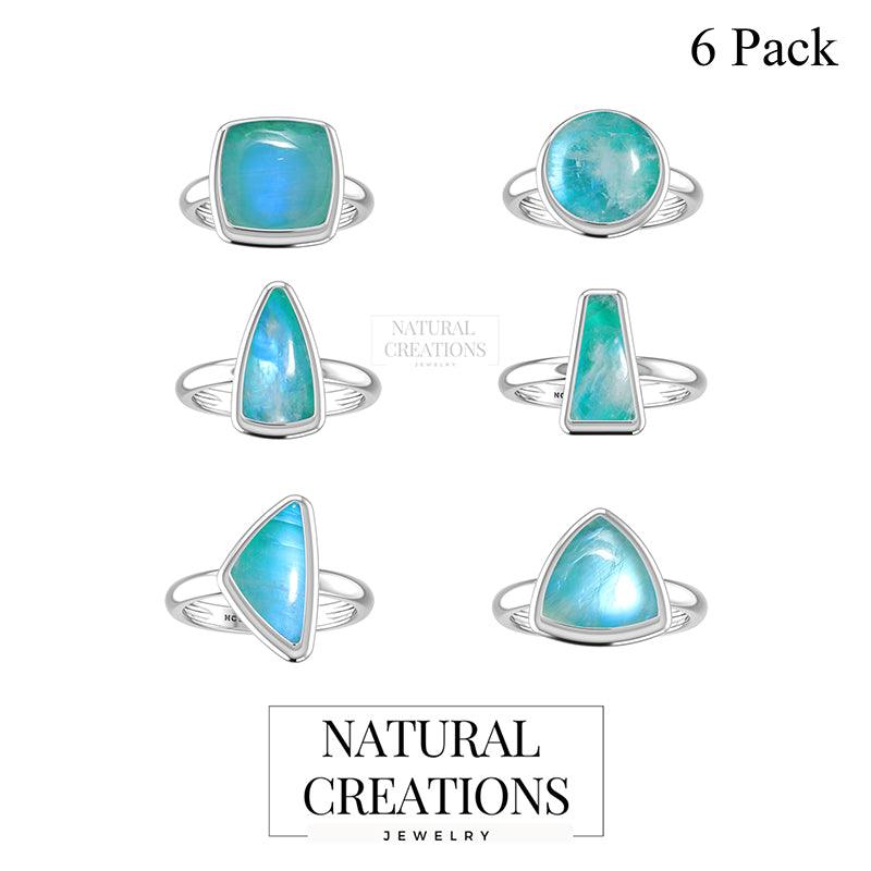 Natural Green Moonstone Ring 925 Sterling Silver Bezel Set Handmade Jewelry Pack of 6 - (Box 4)