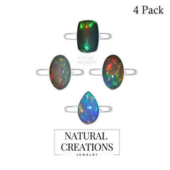 Natural Ethiopian Opal Rings for Women in Sterling Silver (Pack of 4, Bezel-Set)