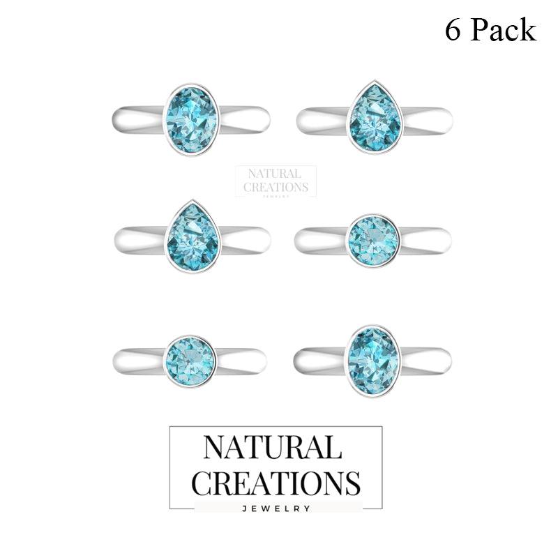 Natural Aquamarine Rings for Women in Sterling Silver (Pack of 6, Prong-Set, Faceted)