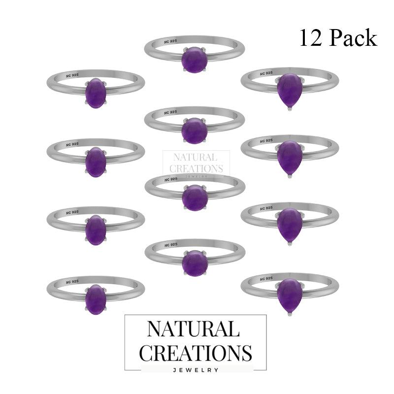 Natural Amethyst Stackable Rings for Women in Sterling Silver (Pack of 12, Prong-Set)