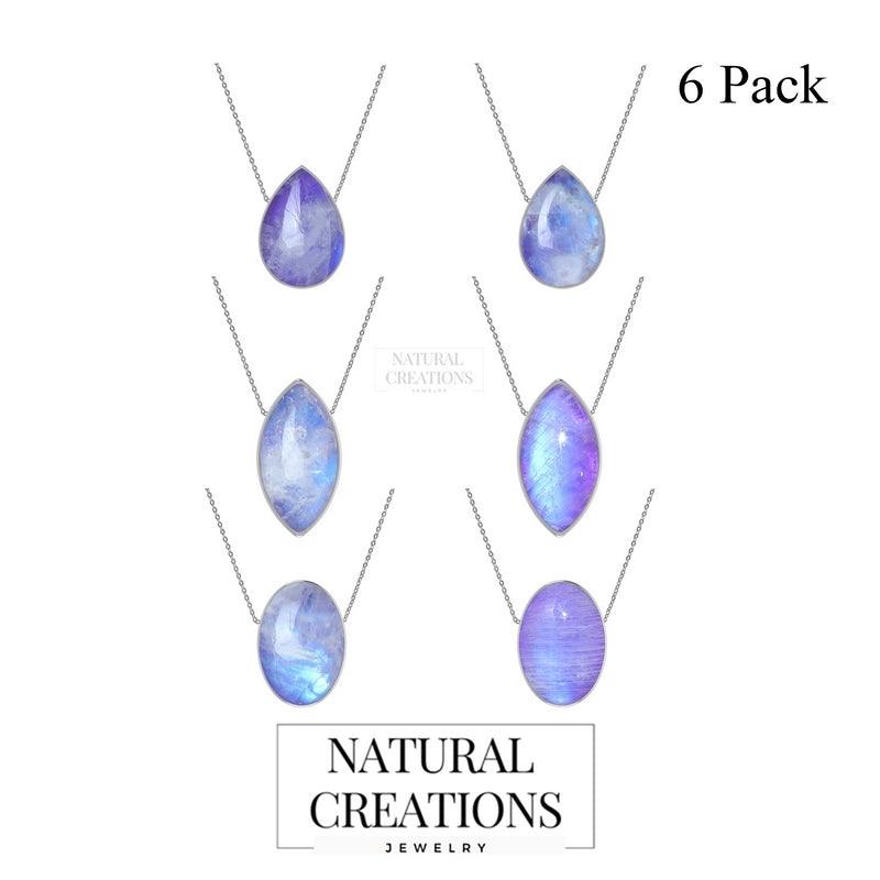 925 Sterling Silver Cab Purple Moonstone Slider Necklace With Chain 18" Bezel Set Jewelry Pack of 6
