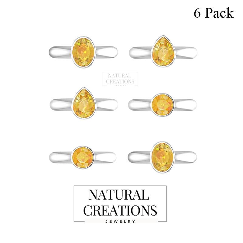 Natural Citrine Rings for Women in Sterling Silver (Pack of 6, Prong-Set, Faceted)