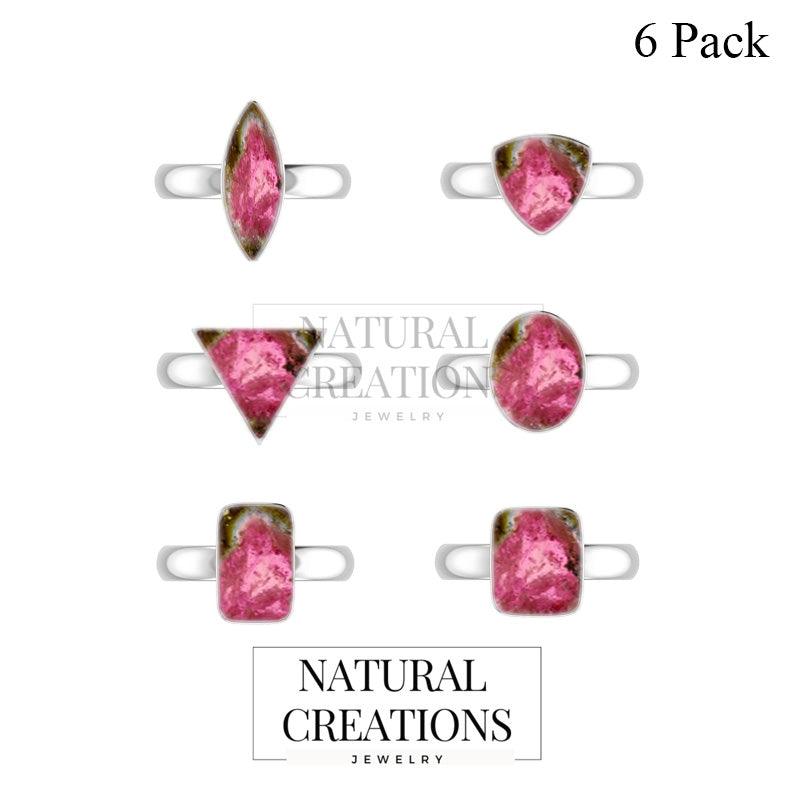 Natural Watermelon Tourmaline Rings for Women in Sterling Silver (Pack of 6, Bezel-Set)